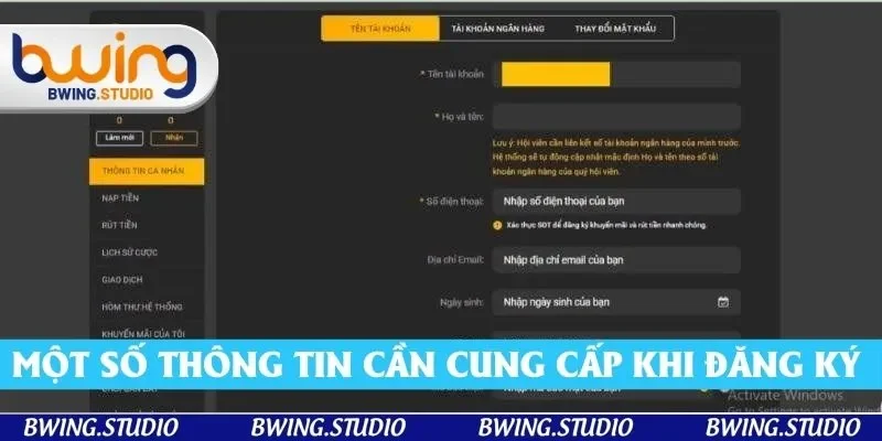 Một số thông tin cần cung cấp khi đăng ký Bwing
